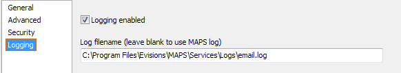 Logging screen.  Sample log filename of "C:\Program Files\Evisions\MAPS\Services\Logs\email.log"